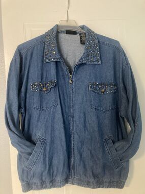 Vtg Y2K Denim Studded Jacket Rhinestones Blue Jean 1X Cowgirl Rodeo Grannycore